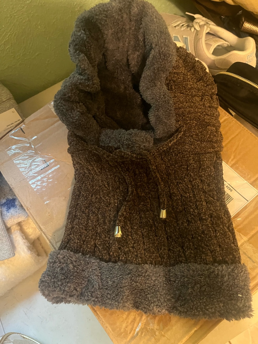 Cozy Fuzzy Hooded Neck Warmer - Brown & Gray